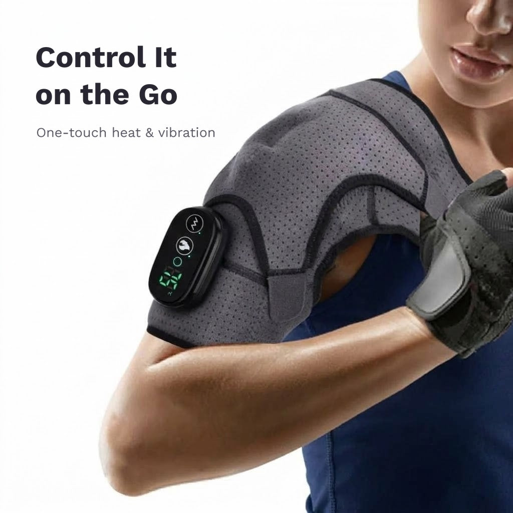 Wearable heated shoulder massager wrap with vibration, LED display and adjustable straps
