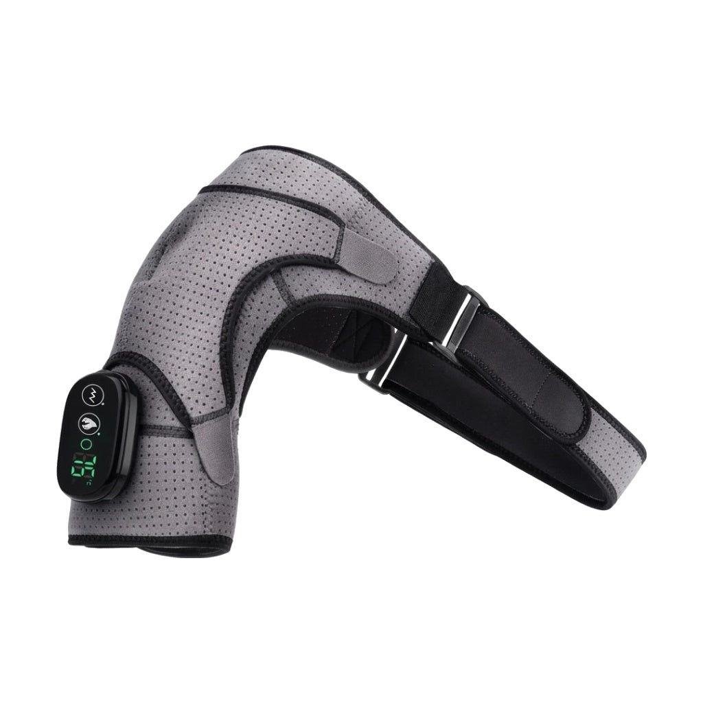 Wearable heated shoulder massager wrap with vibration, LED display and adjustable straps