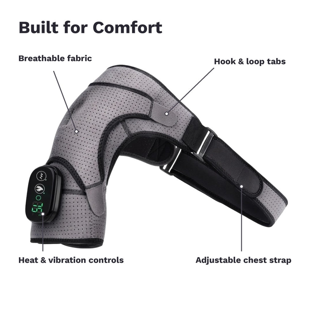 Wearable heated shoulder massager wrap with vibration, LED display and adjustable straps