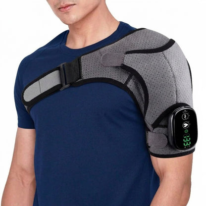 Wearable heated shoulder massager wrap with vibration, LED display and adjustable straps