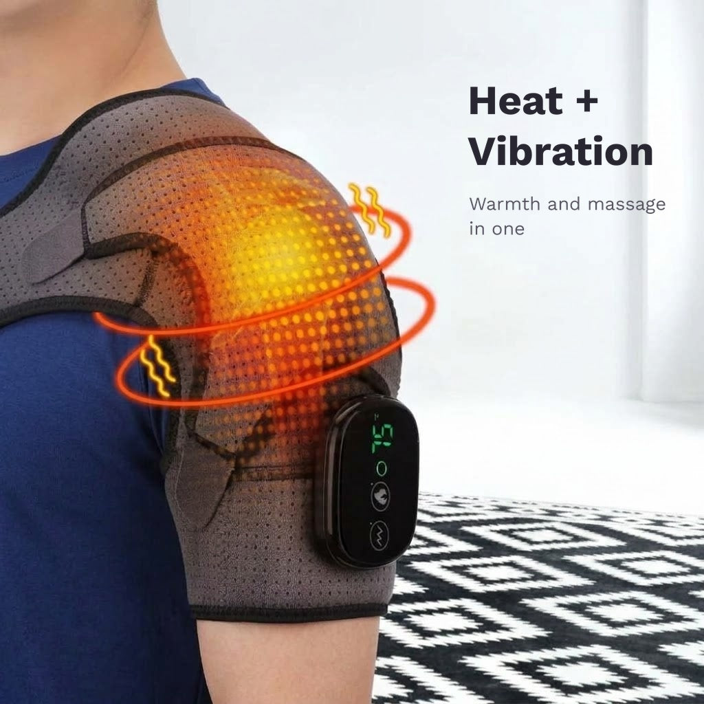 Wearable heated shoulder massager wrap with vibration, LED display and adjustable straps