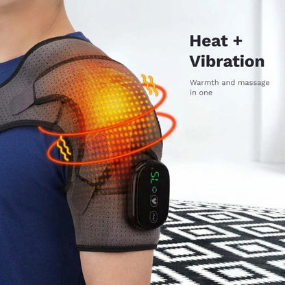 Wearable heated shoulder massager wrap with vibration, LED display and adjustable straps