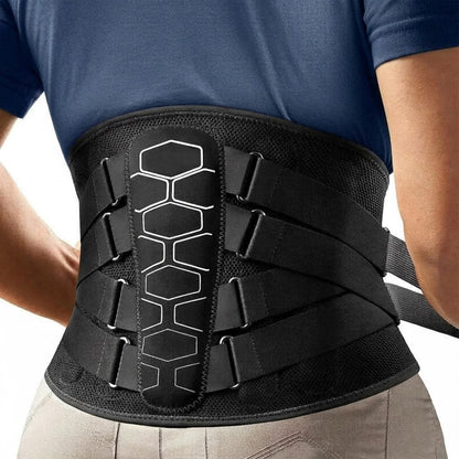 Adjustable lumbar support back brace with compression straps, lumbar pad and breathable mesh