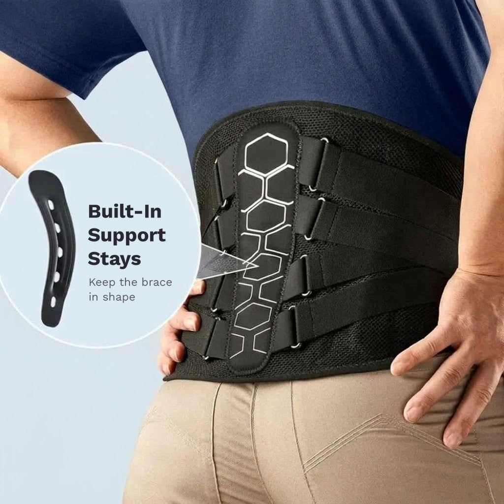 Adjustable lumbar support back brace with compression straps, lumbar pad and breathable mesh