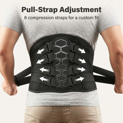 Adjustable lumbar support back brace with compression straps, lumbar pad and breathable mesh