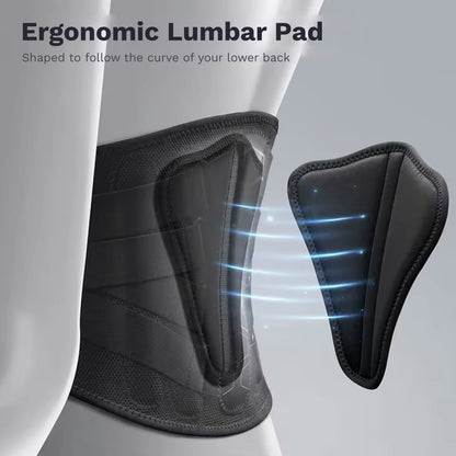Adjustable lumbar support back brace with compression straps, lumbar pad and breathable mesh