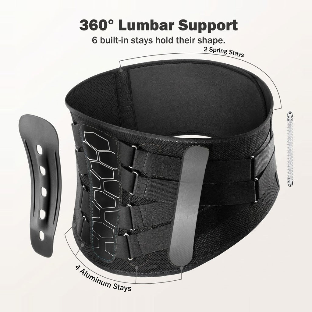 Adjustable lumbar support back brace with compression straps, lumbar pad and breathable mesh
