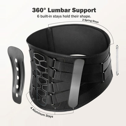 Adjustable lumbar support back brace with compression straps, lumbar pad and breathable mesh