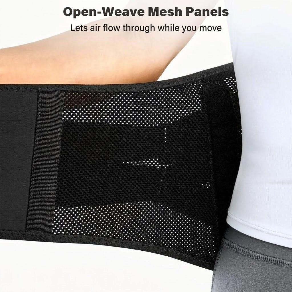 Adjustable lumbar support back brace with compression straps, lumbar pad and breathable mesh