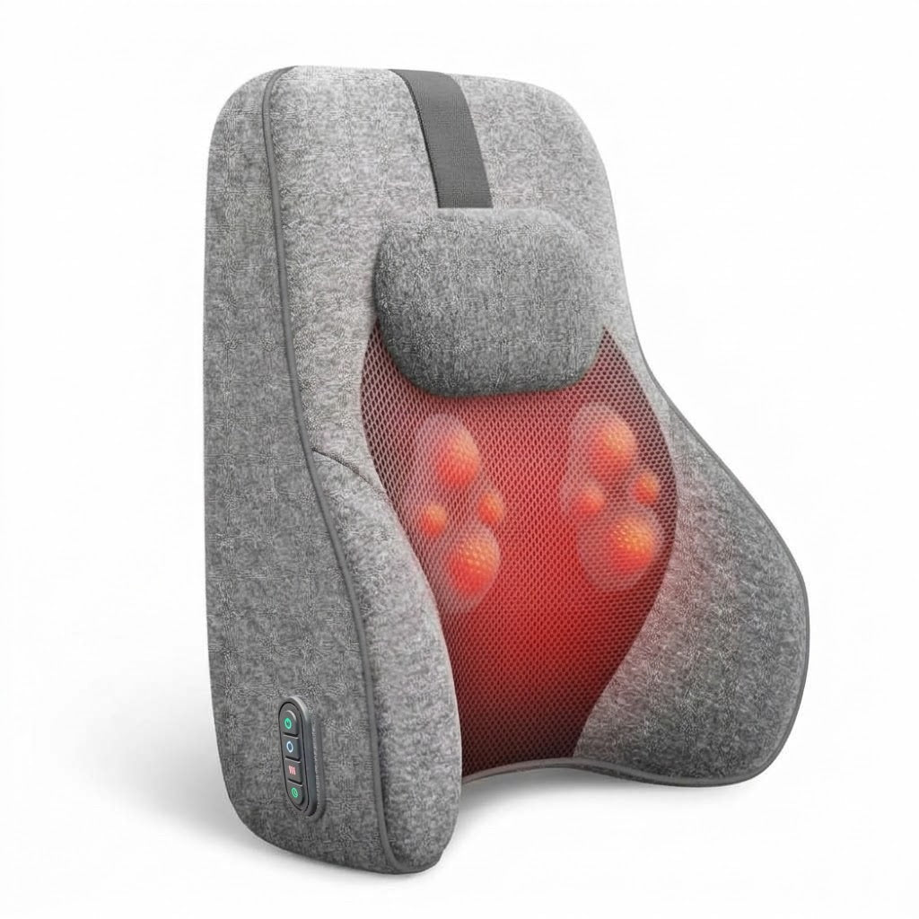 Lumbar support pillow with shiatsu massage nodes, heat and memory foam for office and home chairs