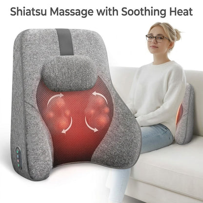 Lumbar support pillow with shiatsu massage nodes, heat and memory foam for office and home chairs