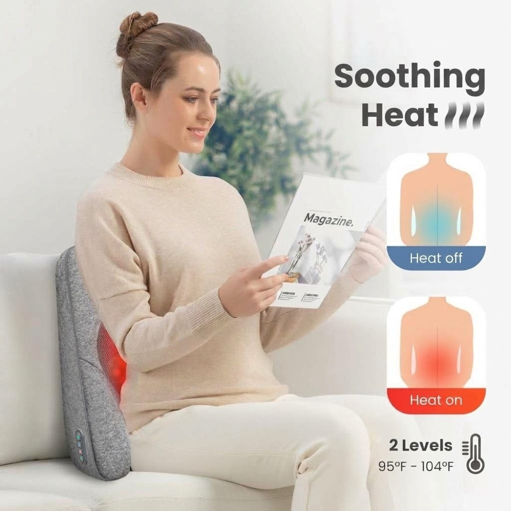 Lumbar support pillow with shiatsu massage nodes, heat and memory foam for office and home chairs