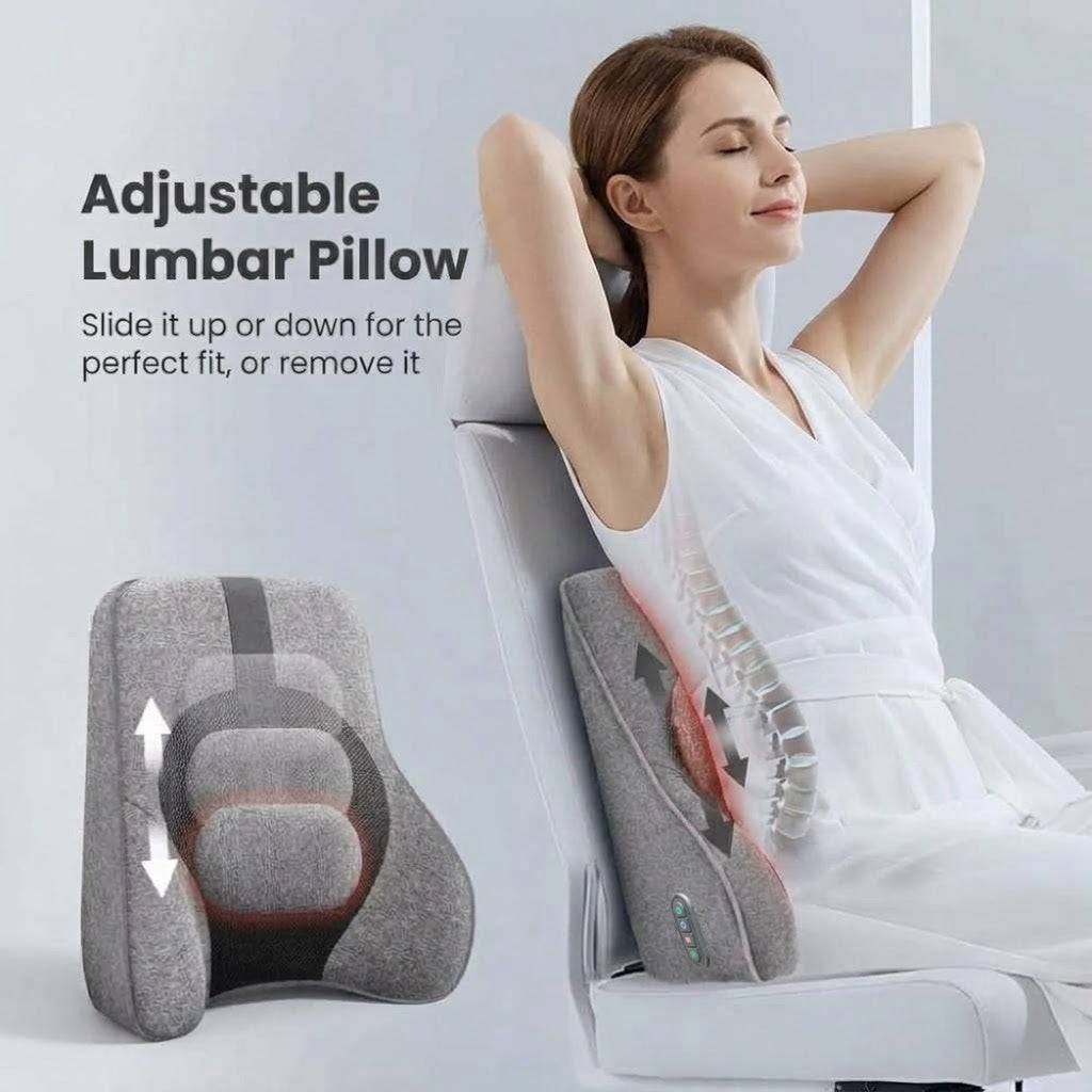 Lumbar support pillow with shiatsu massage nodes, heat and memory foam for office and home chairs