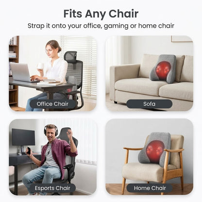 Lumbar support pillow with shiatsu massage nodes, heat and memory foam for office and home chairs