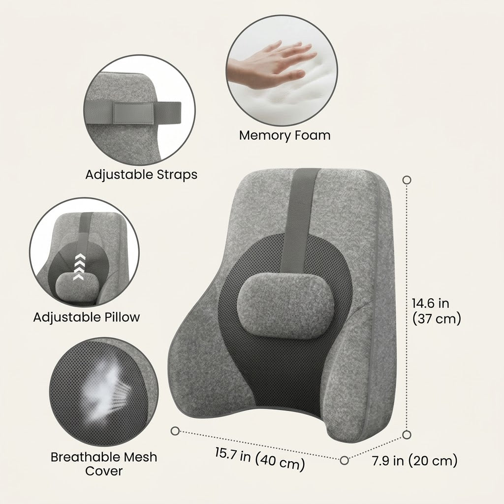 Lumbar support pillow with shiatsu massage nodes, heat and memory foam for office and home chairs