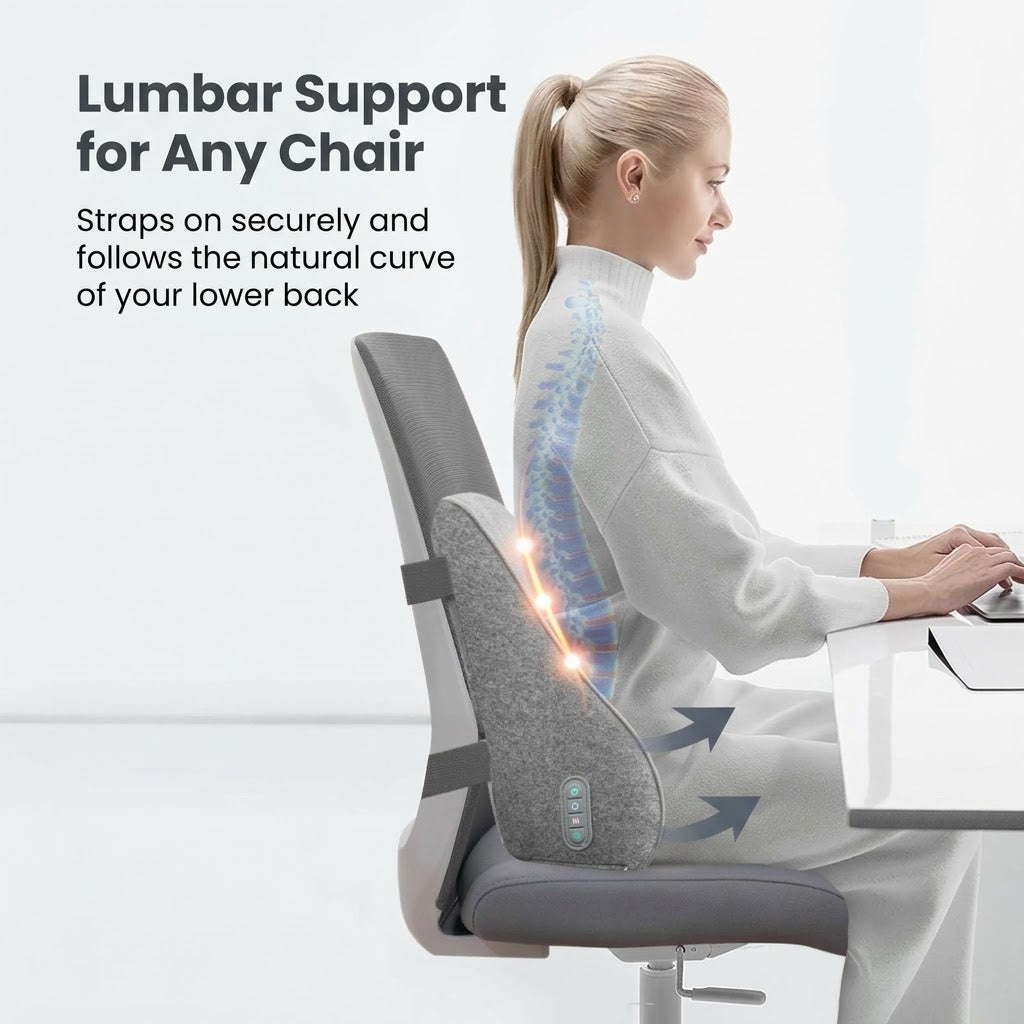 Lumbar support pillow with shiatsu massage nodes, heat and memory foam for office and home chairs