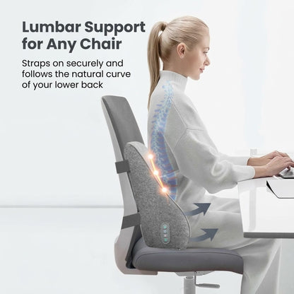 Lumbar support pillow with shiatsu massage nodes, heat and memory foam for office and home chairs