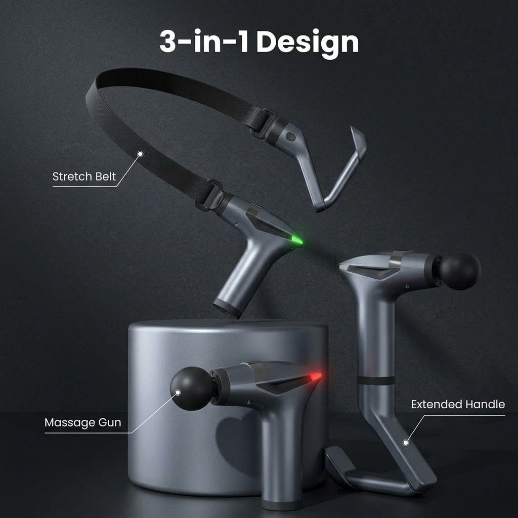 Percussion massage gun with detachable extension handle and 12 speed levels for back and shoulders