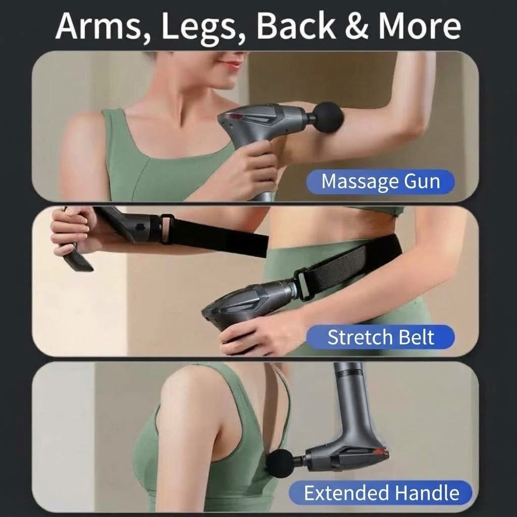 Percussion massage gun with detachable extension handle and 12 speed levels for back and shoulders
