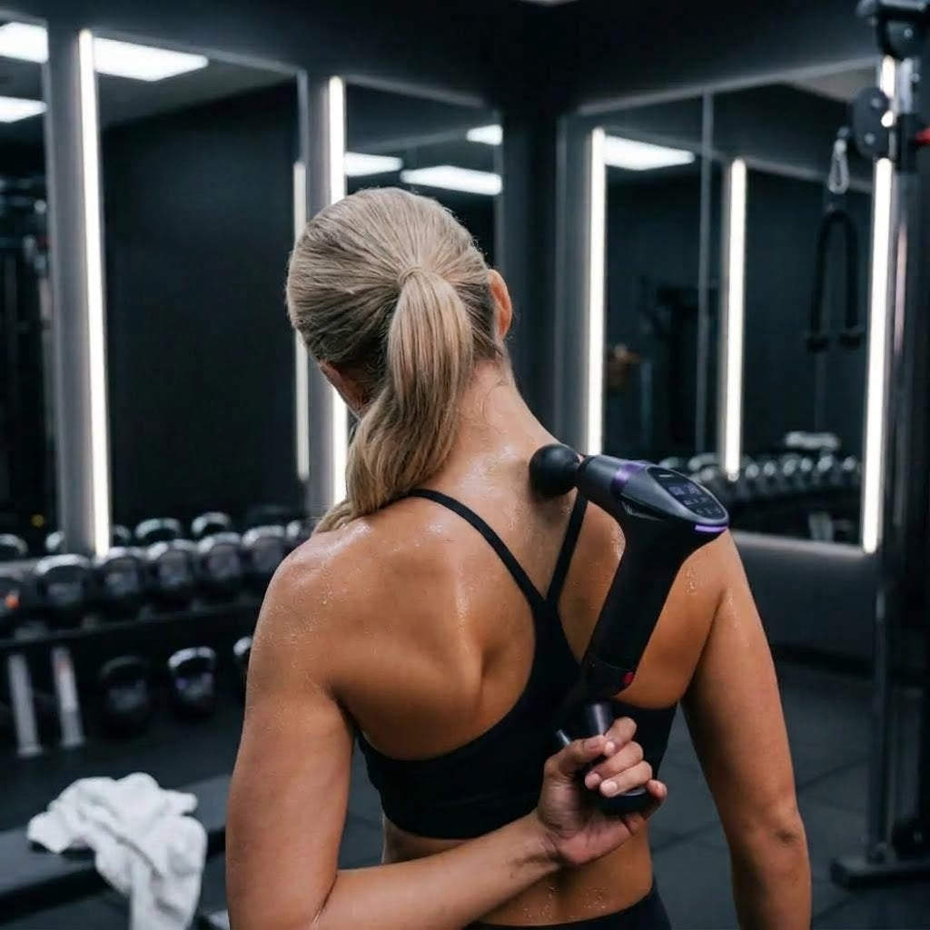 Percussion massage gun with detachable extension handle and 12 speed levels for back and shoulders
