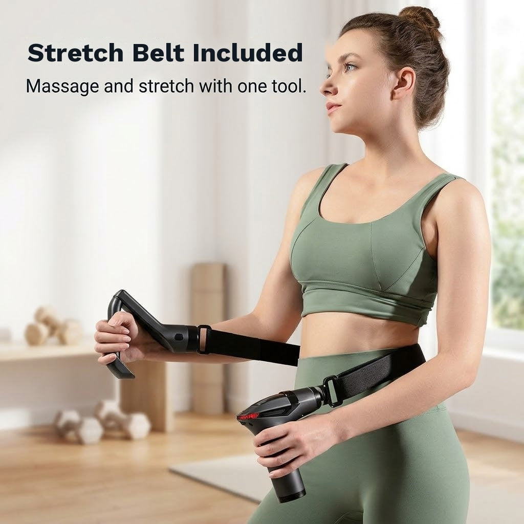 Percussion massage gun with detachable extension handle and 12 speed levels for back and shoulders