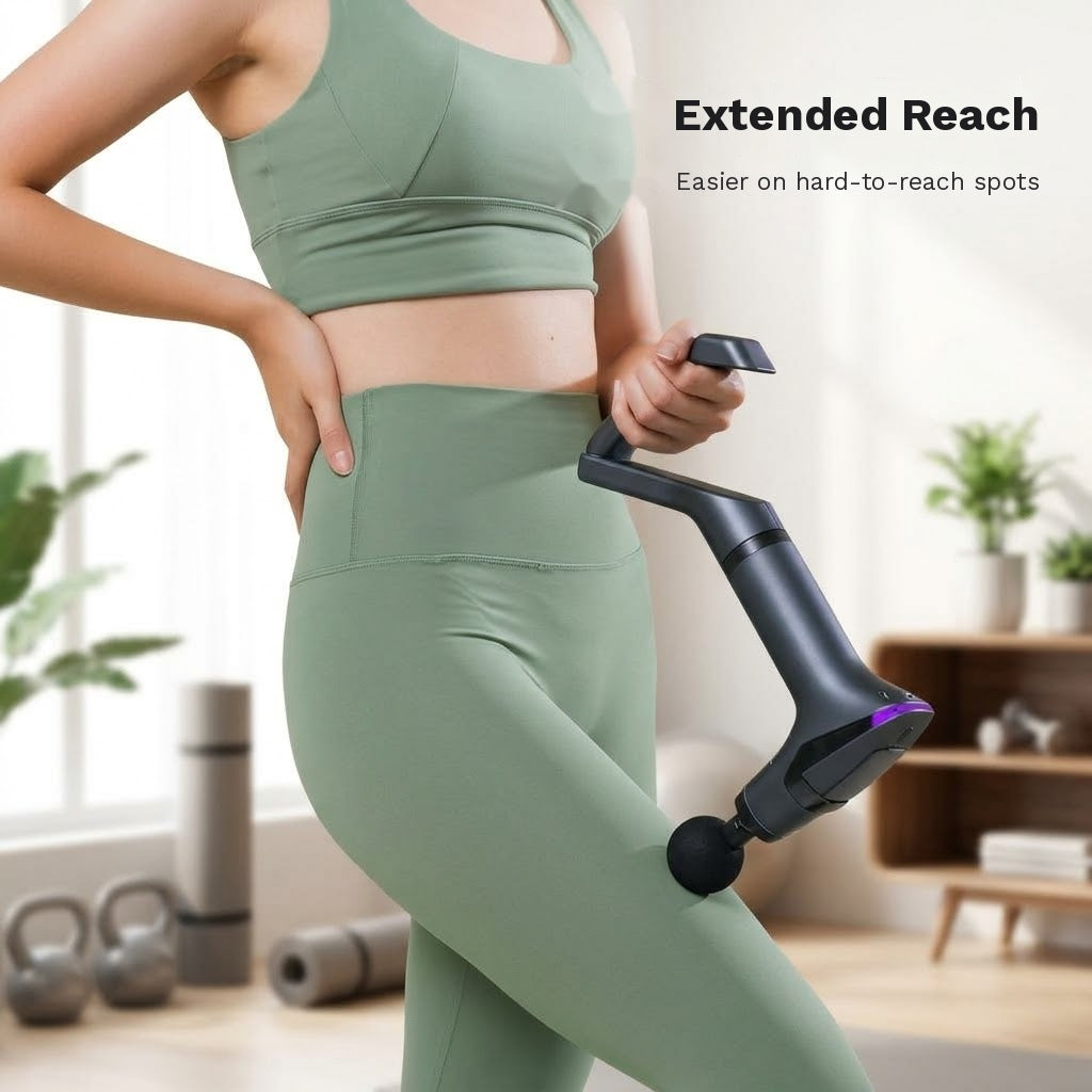 Percussion massage gun with detachable extension handle and 12 speed levels for back and shoulders