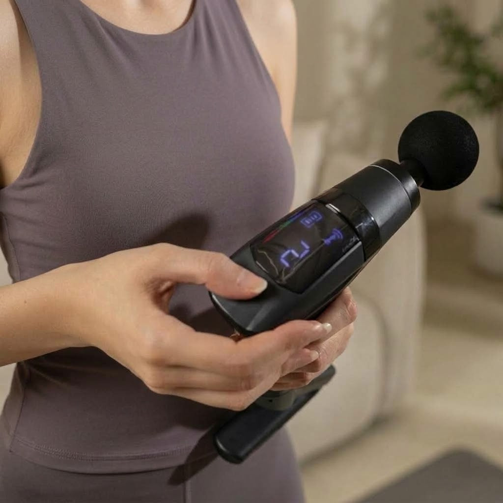 Percussion massage gun with detachable extension handle and 12 speed levels for back and shoulders