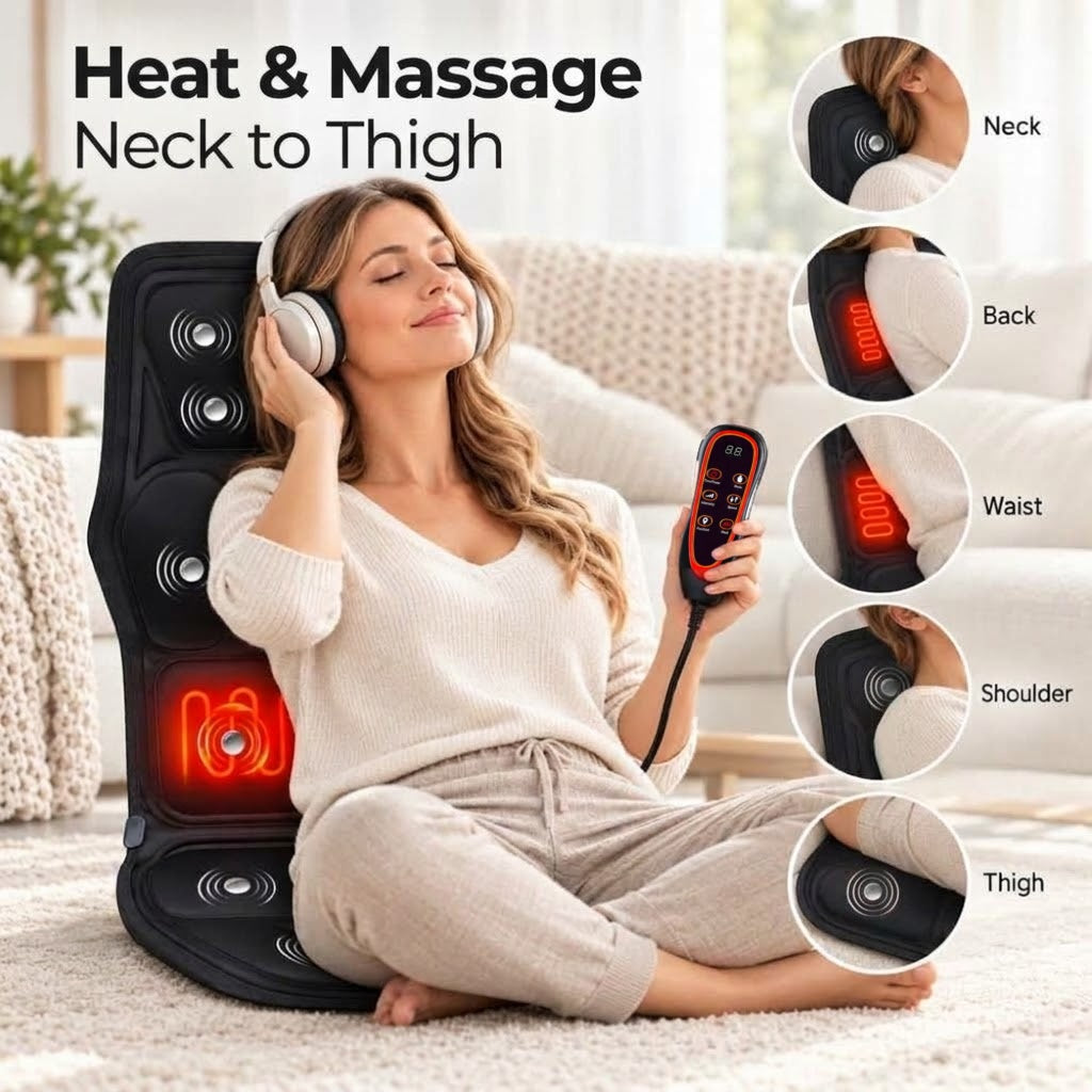 Vibration massage seat cushion with heat for neck, back and hips on office chair, sofa or car seat
