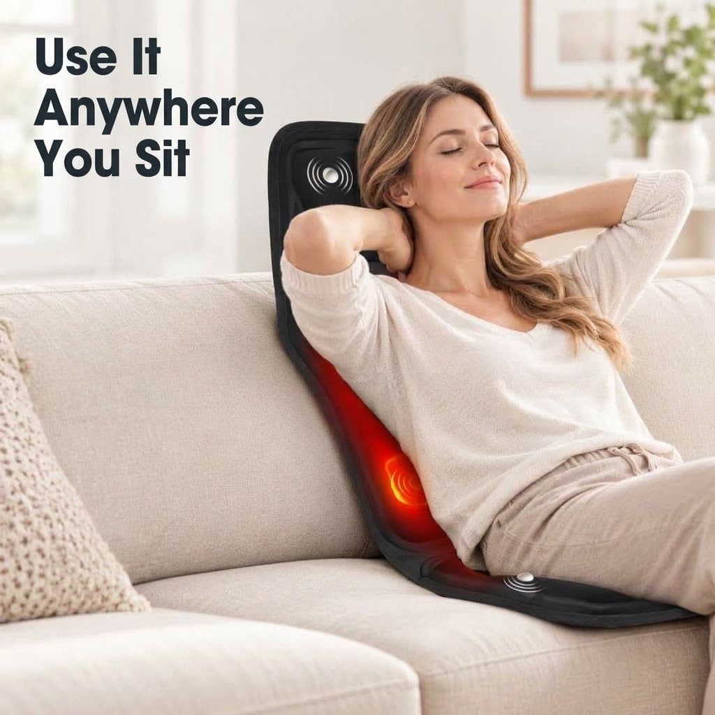 Vibration massage seat cushion with heat for neck, back and hips on office chair, sofa or car seat