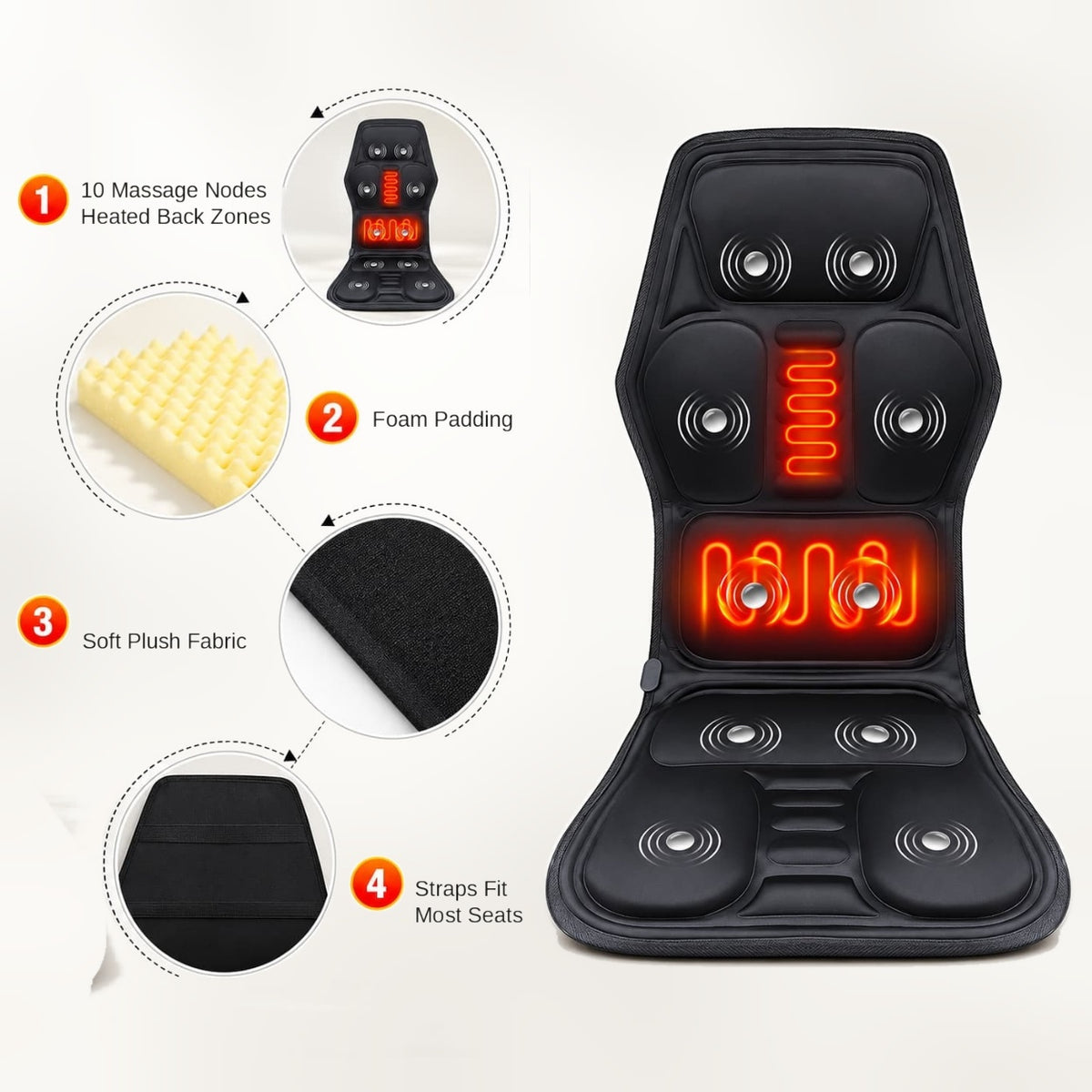 Vibration massage seat cushion with heat for neck, back and hips on office chair, sofa or car seat