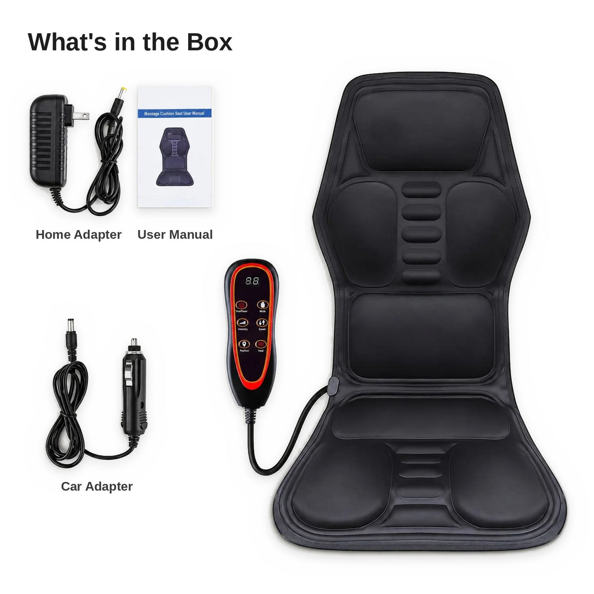 Vibration massage seat cushion with heat for neck, back and hips on office chair, sofa or car seat