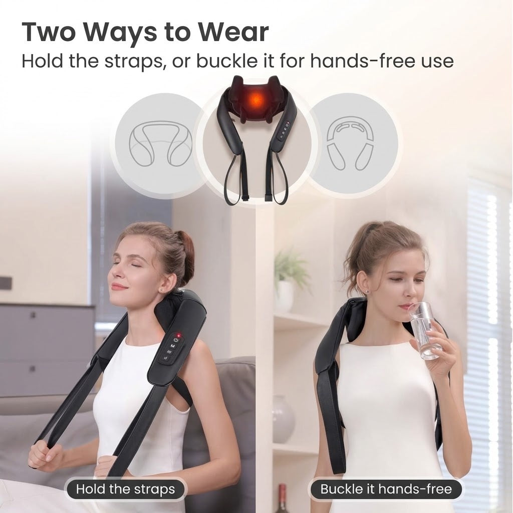 Cordless hands-free neck and back massager with 6D kneading heads and heat for home and office