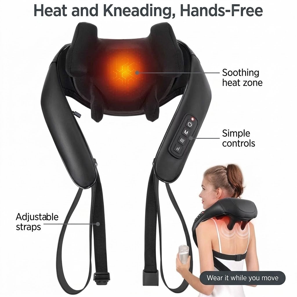 Cordless hands-free neck and back massager with 6D kneading heads and heat for home and office