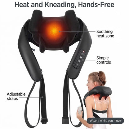 Cordless hands-free neck and back massager with 6D kneading heads and heat for home and office