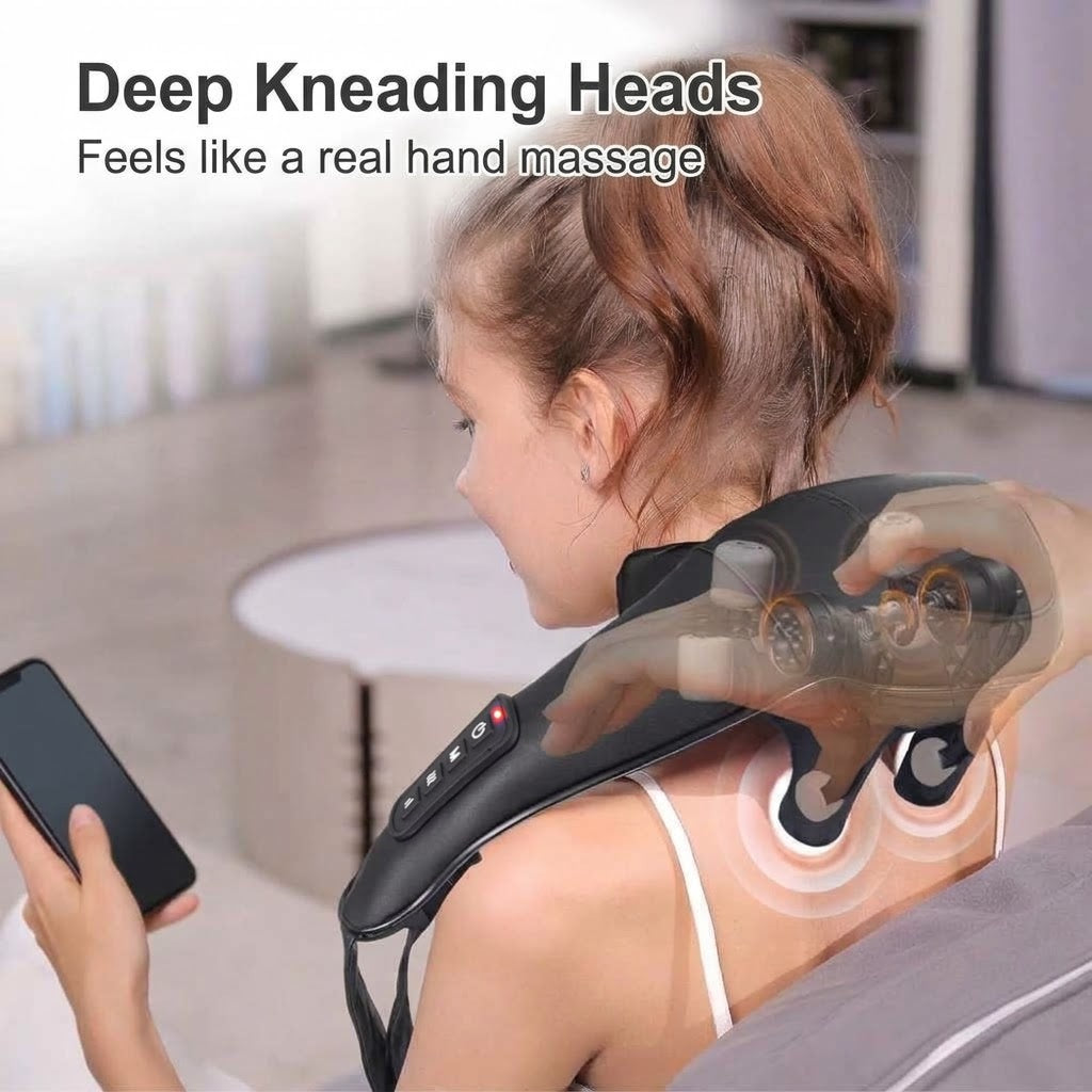 Cordless hands-free neck and back massager with 6D kneading heads and heat for home and office