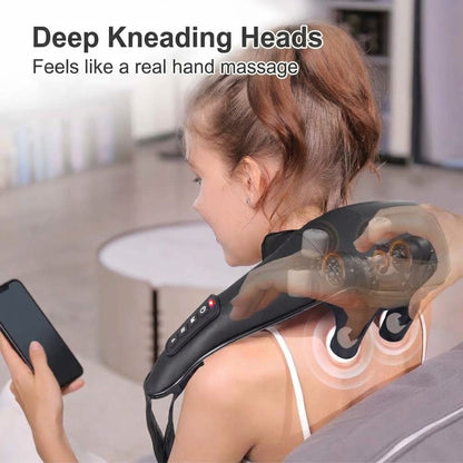 Cordless hands-free neck and back massager with 6D kneading heads and heat for home and office