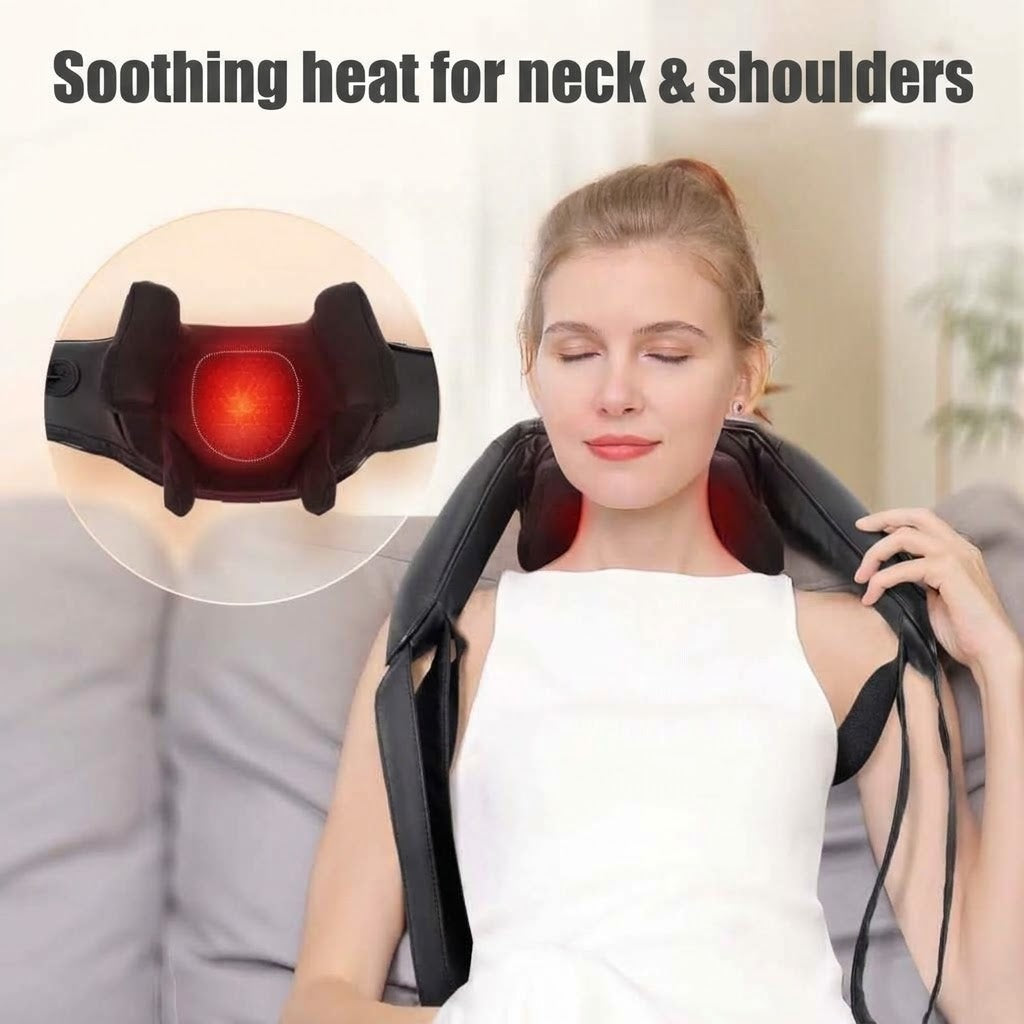 Cordless hands-free neck and back massager with 6D kneading heads and heat for home and office