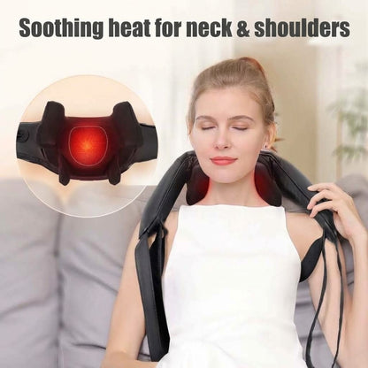 Cordless hands-free neck and back massager with 6D kneading heads and heat for home and office