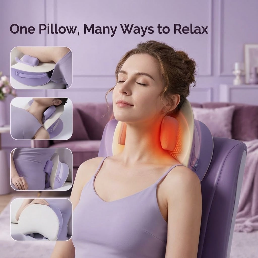 Cordless neck and shoulder massage pillow with 6D kneading heads and heat for home and office