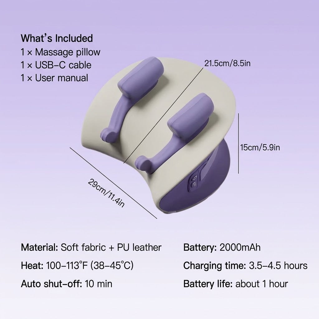 Cordless neck and shoulder massage pillow with 6D kneading heads and heat for home and office