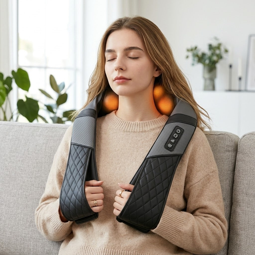Heated kneading neck and shoulder massage shawl with 3 intensities and 15-minute timer