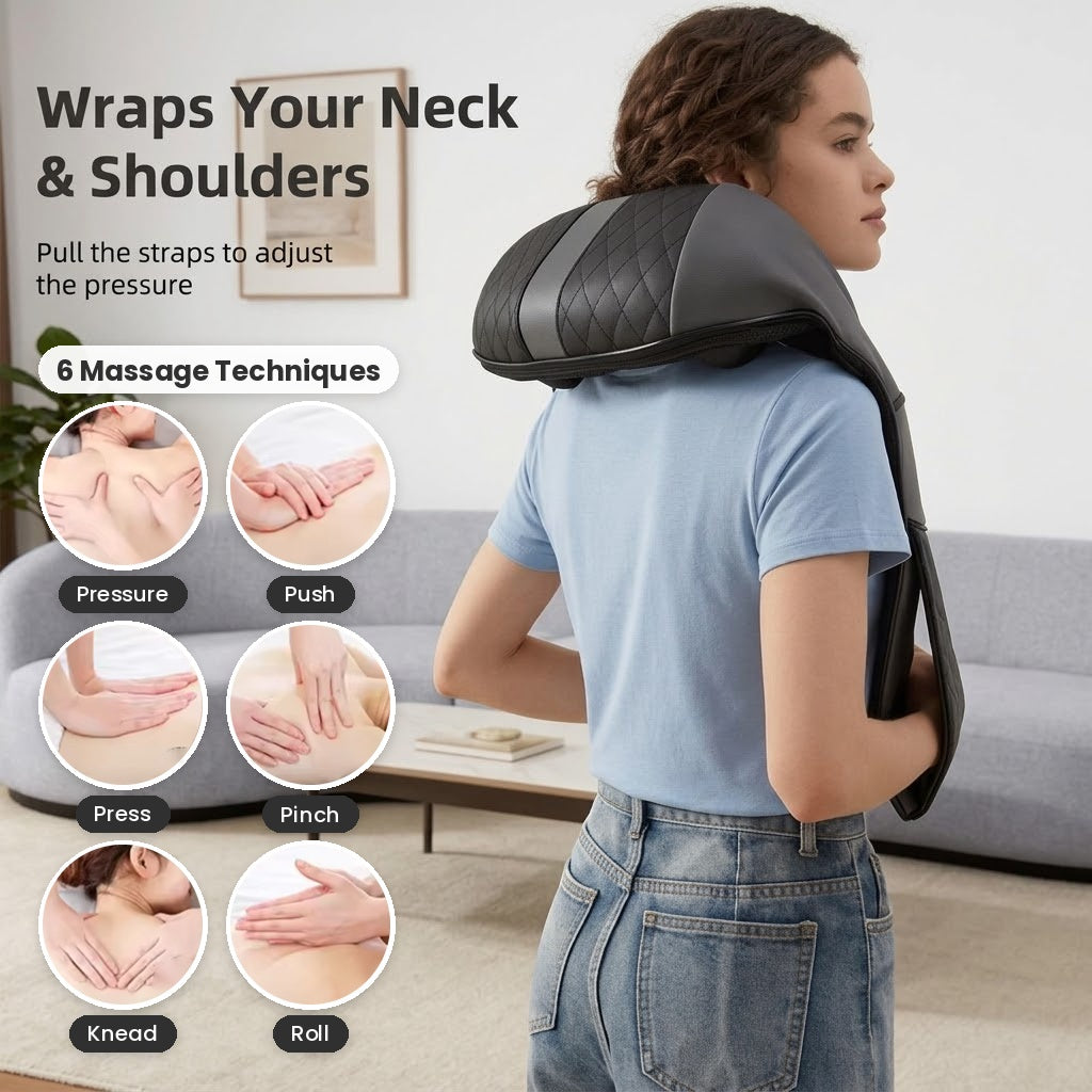 Heated kneading neck and shoulder massage shawl with 3 intensities and 15-minute timer