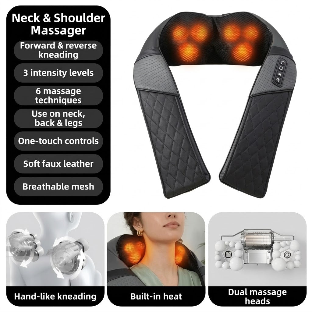 Heated kneading neck and shoulder massage shawl with 3 intensities and 15-minute timer