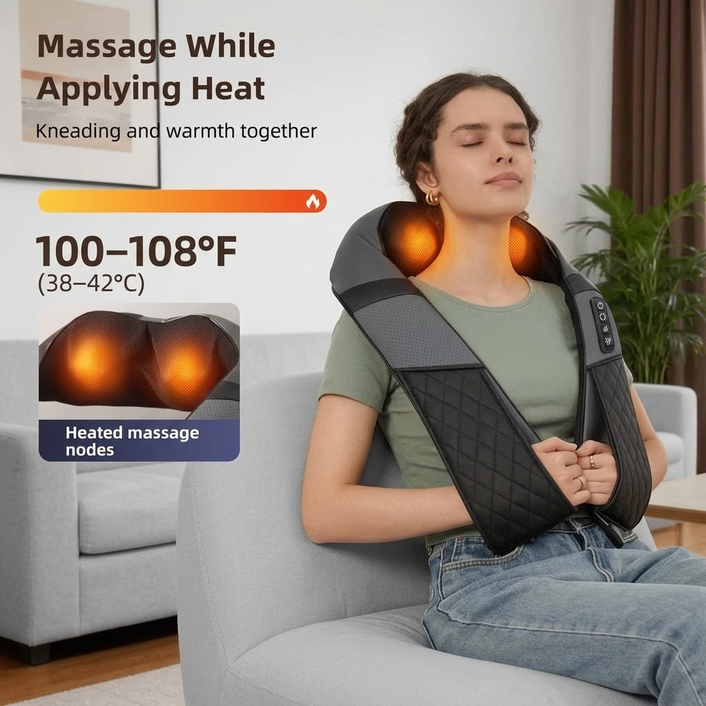 Heated kneading neck and shoulder massage shawl with 3 intensities and 15-minute timer