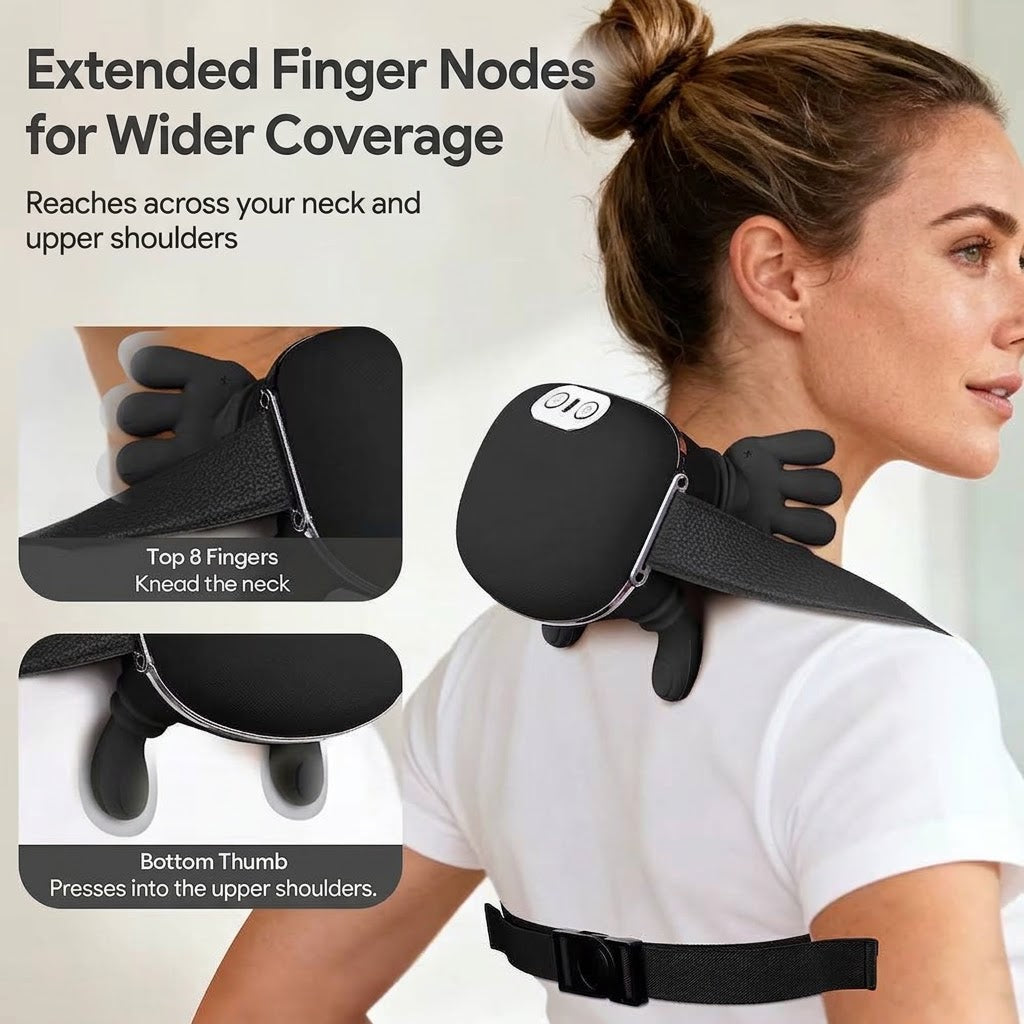 Wireless neck and shoulder massager with extended finger heads and 4D kneading for home and office