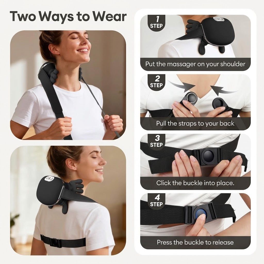 Wireless neck and shoulder massager with extended finger heads and 4D kneading for home and office