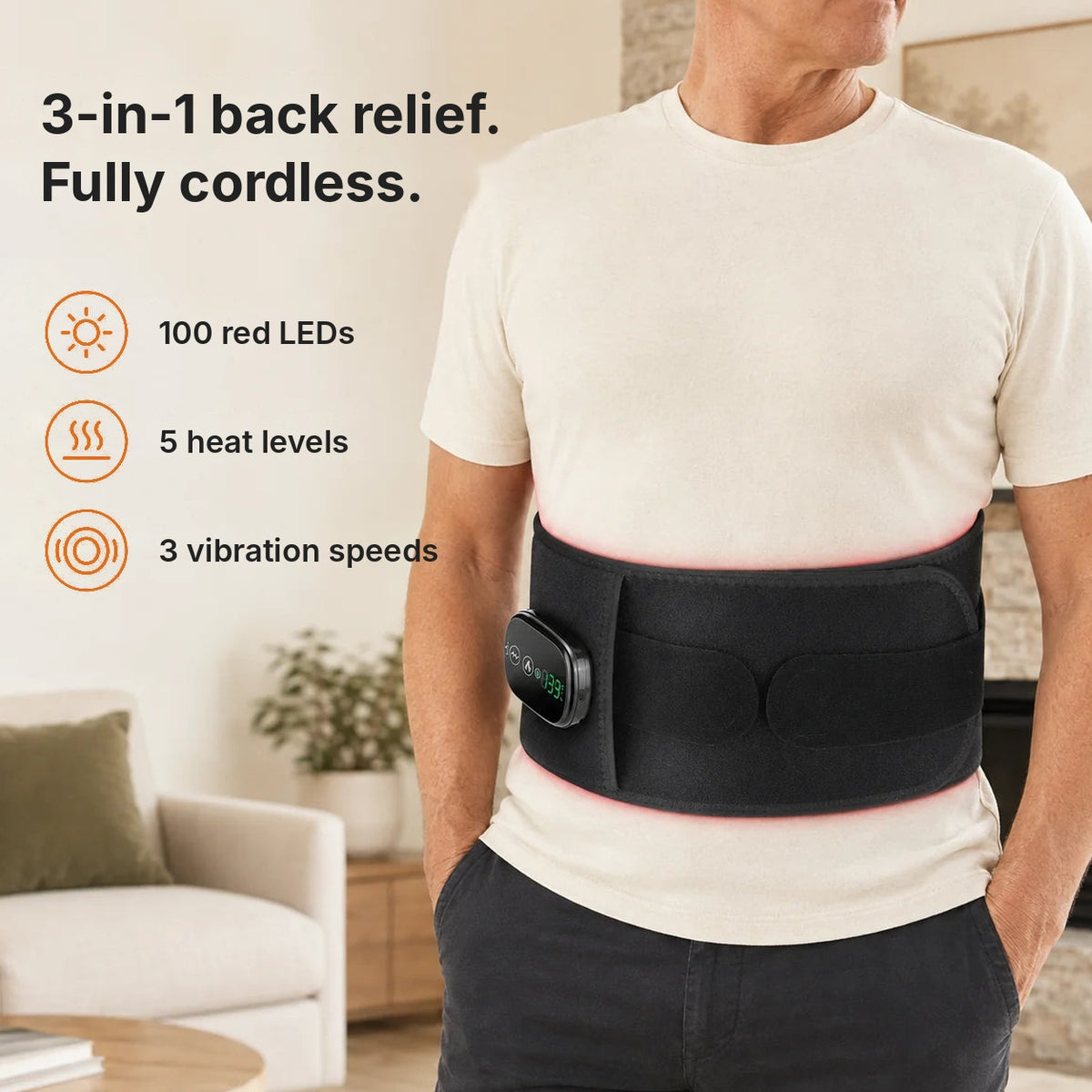 Cordless red light therapy belt for back pain relief with 100 red LEDs, heat, vibration and back support