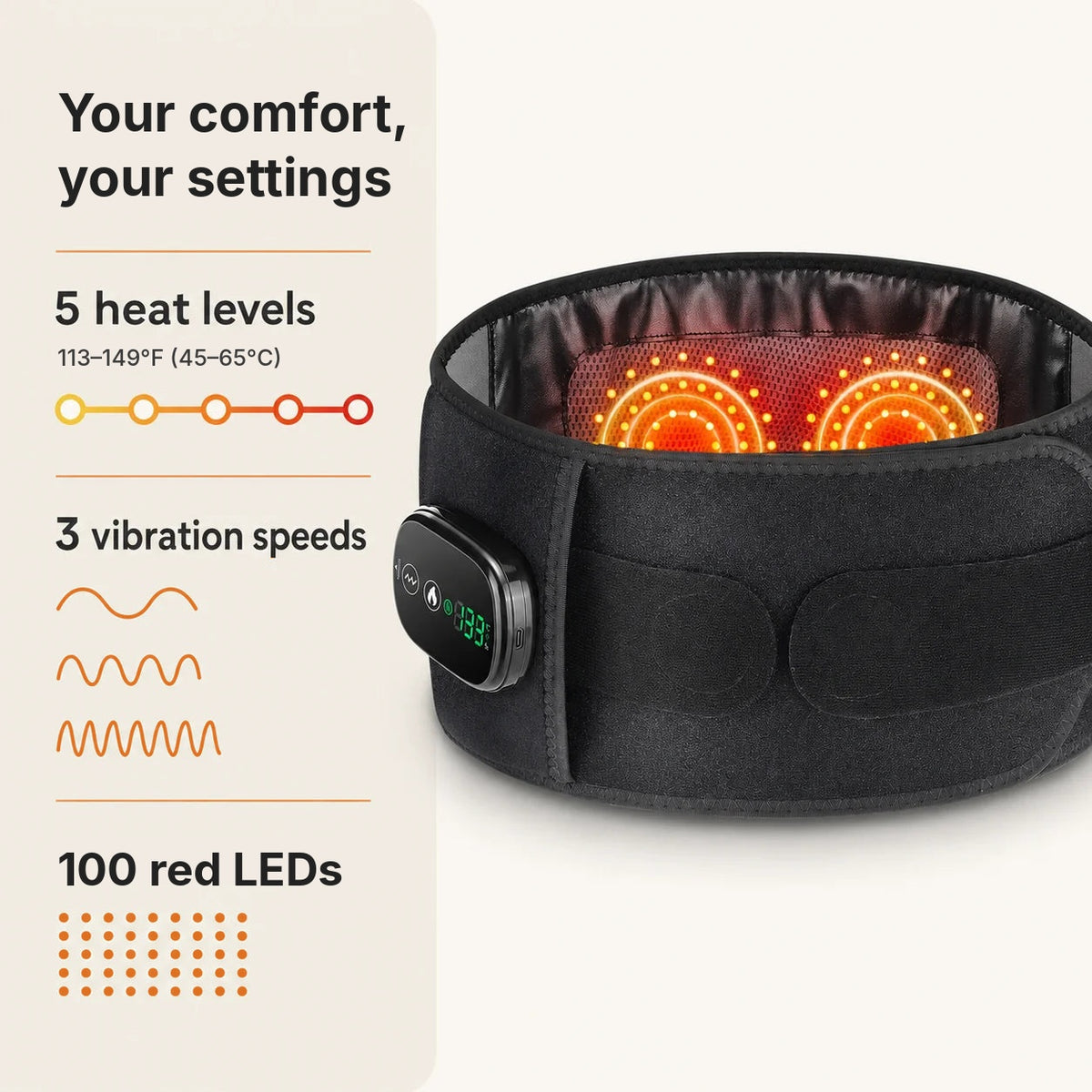 Cordless red light therapy belt for back pain relief with 100 red LEDs, heat, vibration and back support