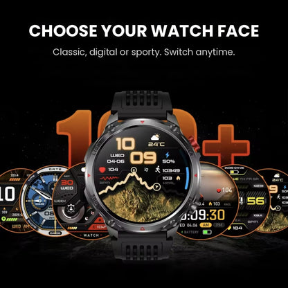 Rugged outdoor smartwatch with LED flashlight, compass, Bluetooth calling and heart rate tracking