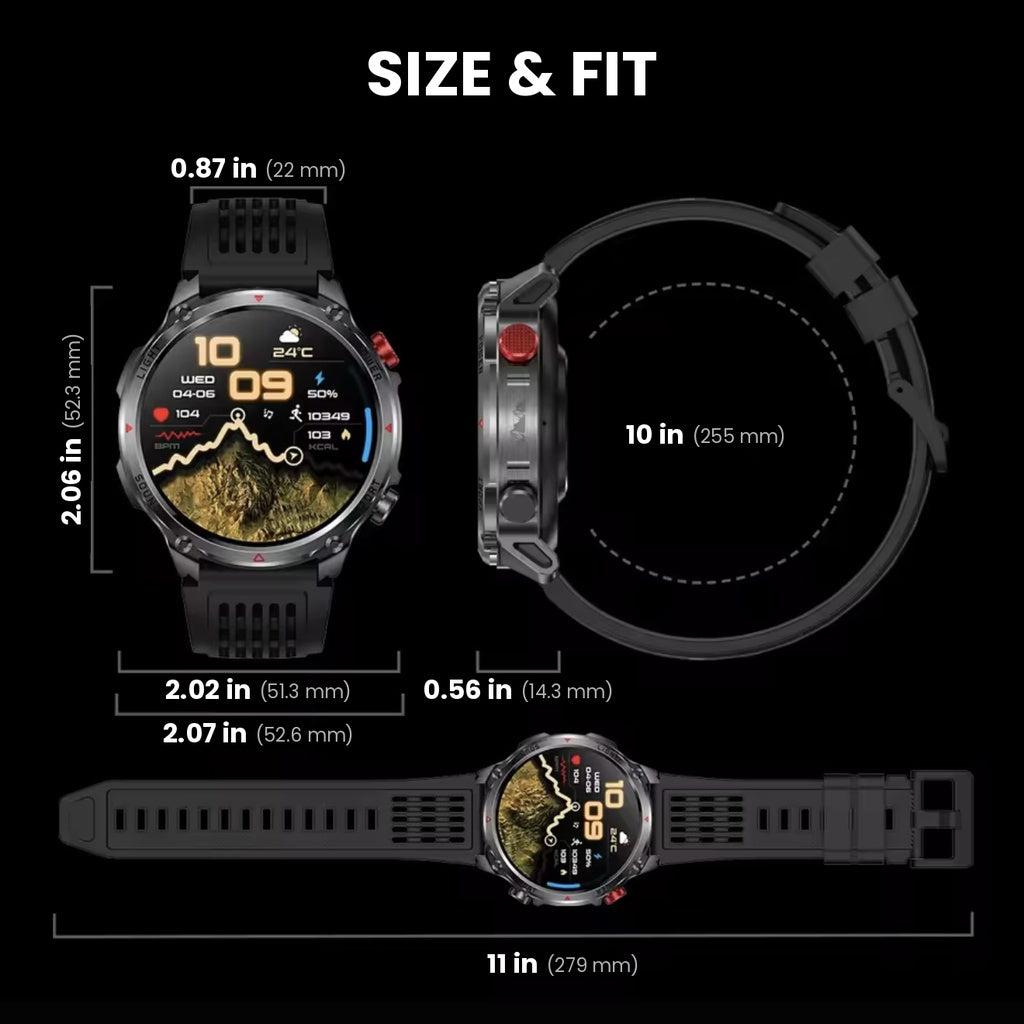 Rugged outdoor smartwatch with LED flashlight, compass, Bluetooth calling and heart rate tracking
